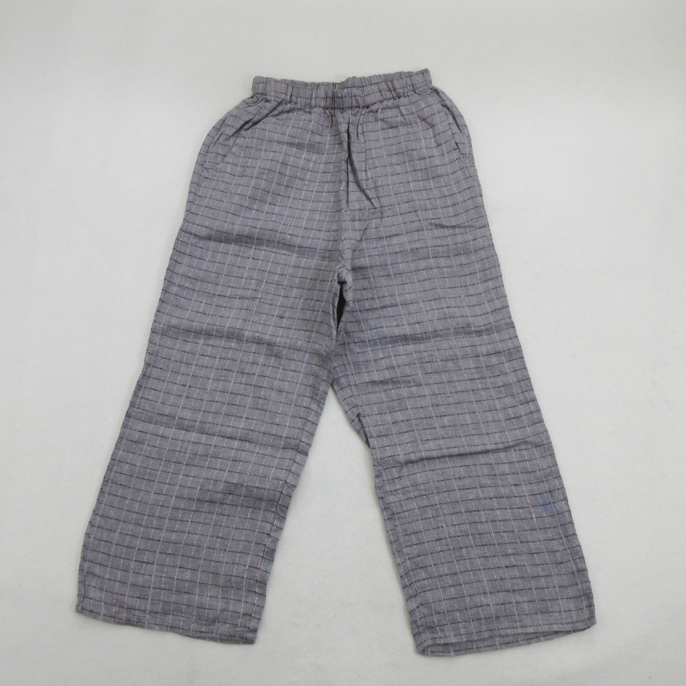 Flax Women's Pants XS Wide Leg Elastic Waist Linen Plaid Grid Crop Gray New